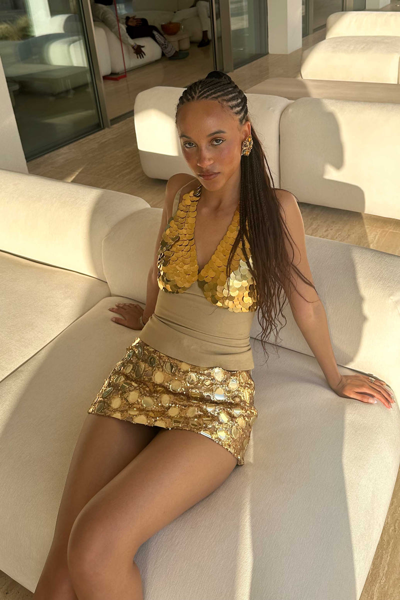 Zea Low Rise Mini Skirt ~ Gold Mirror  Idh