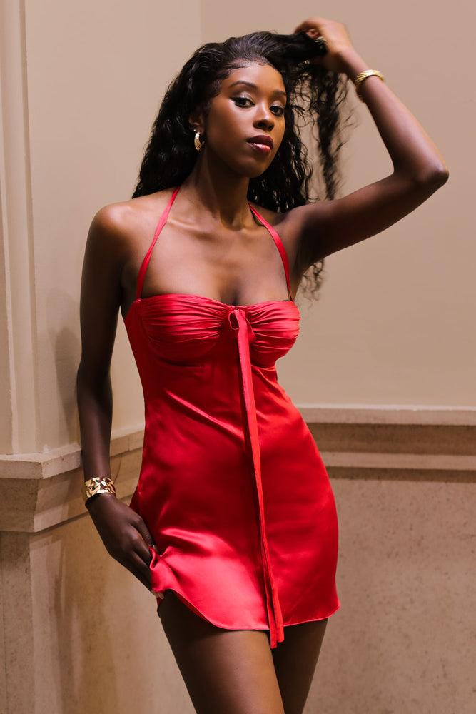 
            
                Load image into Gallery viewer, Angelina Dress Cherry Red Silk
            
        