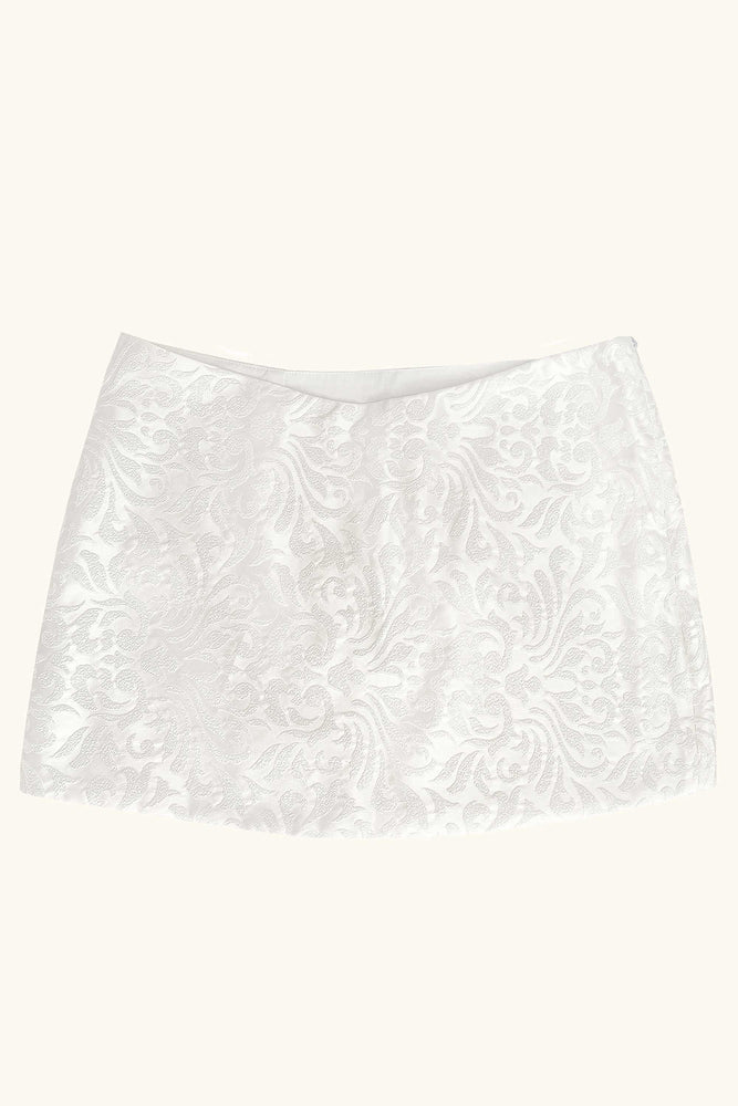 
            
                Load image into Gallery viewer, Dawn Mini Skirt ~ White Crepe Damask
            
        