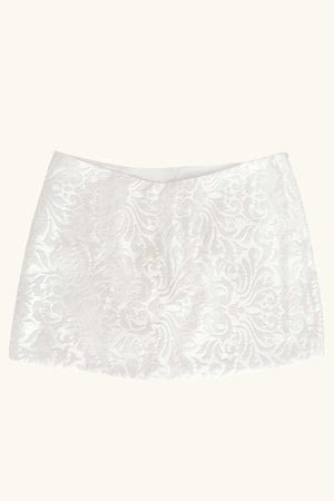 
            
                Load image into Gallery viewer, Dawn Mini Skirt ~ White Crepe Damask
            
        