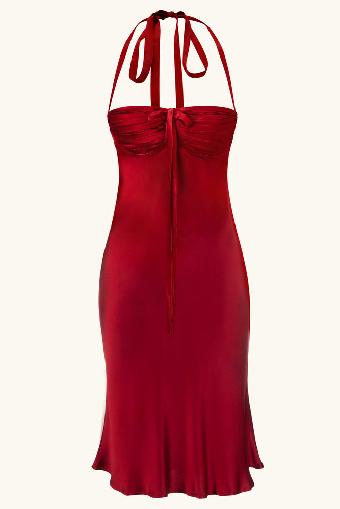 silk midi dress uk Ruffle Silk Midi Dress - Red