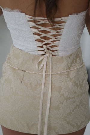 
            
                Load image into Gallery viewer, Dawn Mini Skirt ~ Ivory Brocade
            
        